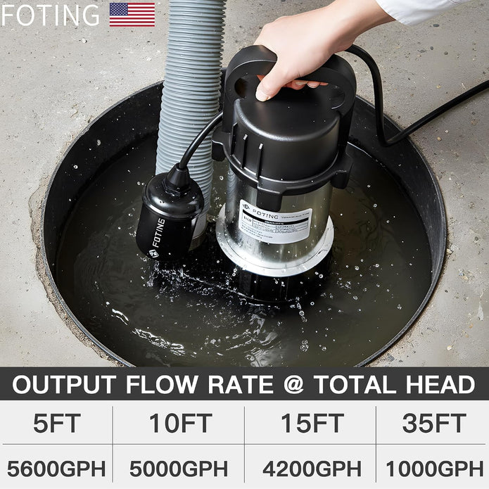 FOTING 1HP 40FT Sump Pump Submersible Sewage/Effluent Pump 5600 GPH - Heavy Duty Cast Iron - Automatic/Manual Septic Pump for Sump Basin/Residential/Sewage/Basement, 2'' NPT Discharge