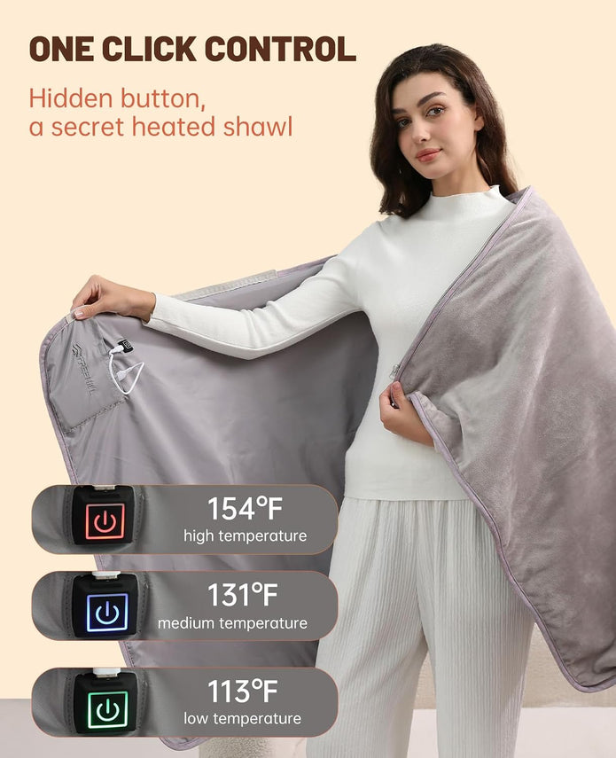 FREEHILL Heated Blanket Battery Operated, 9V Portable Cordless Heated Blanket Wearable Shawl, Gifts for Mom Women, Heating Throw with 4 Heating Area, 65x31.5 Inches