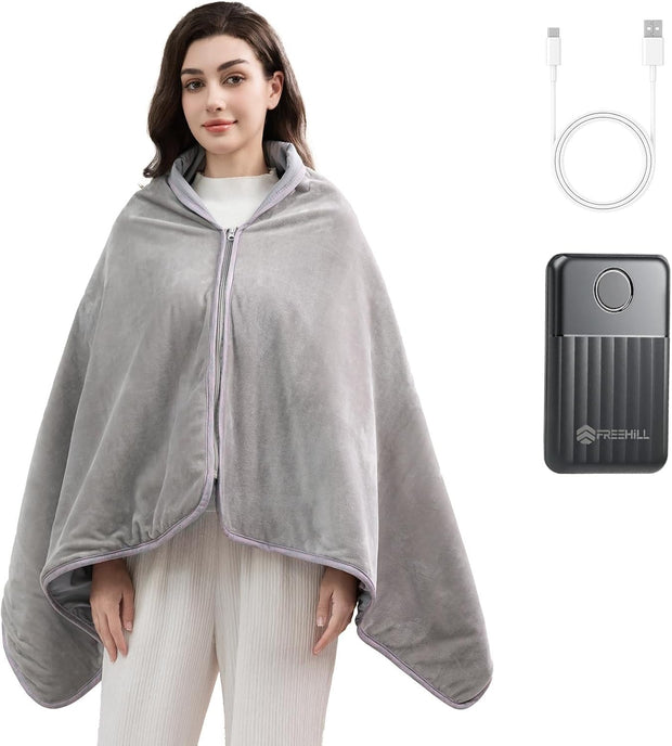 FREEHILL Heated Blanket Battery Operated, 9V Portable Cordless Heated Blanket Wearable Shawl, Gifts for Mom Women, Heating Throw with 4 Heating Area, 65x31.5 Inches