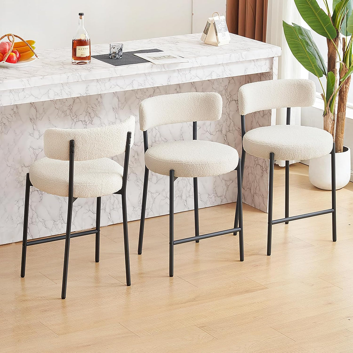 24'' Bar Stools Set of 3, Modern Boucle Counter Height Bar Stools with Curved Back and Black Metal Frame, Upholstered Kitchen Stools, Barstools for Kitchen Island, Bar, White