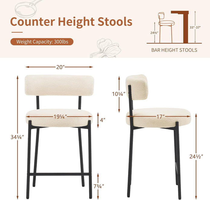 24'' Bar Stools Set of 3, Modern Boucle Counter Height Bar Stools with Curved Back and Black Metal Frame, Upholstered Kitchen Stools, Barstools for Kitchen Island, Bar, White