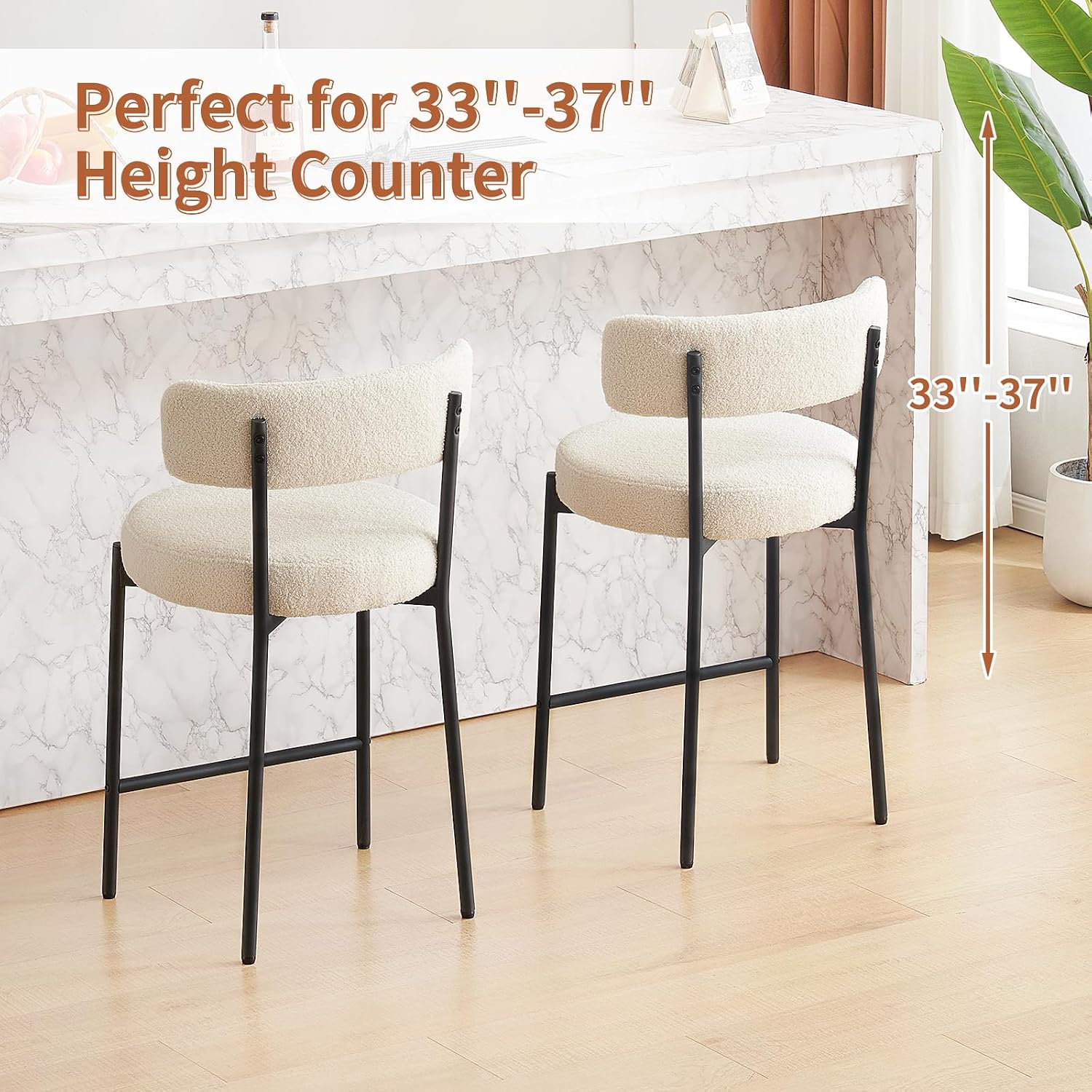 24'' Bar Stools Set of 3, Modern Boucle Counter Height Bar Stools with Curved Back and Black Metal Frame, Upholstered Kitchen Stools, Barstools for Kitchen Island, Bar, White