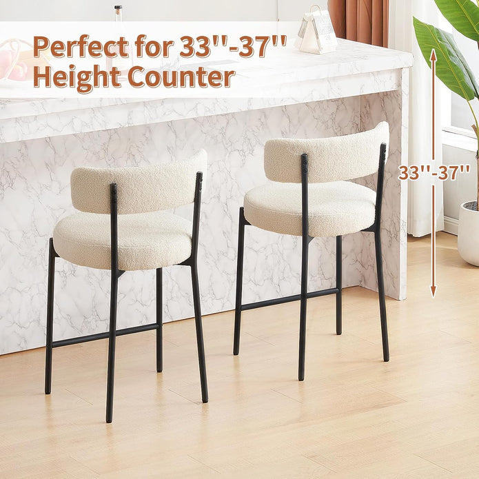 24'' Bar Stools Set of 3, Modern Boucle Counter Height Bar Stools with Curved Back and Black Metal Frame, Upholstered Kitchen Stools, Barstools for Kitchen Island, Bar, White