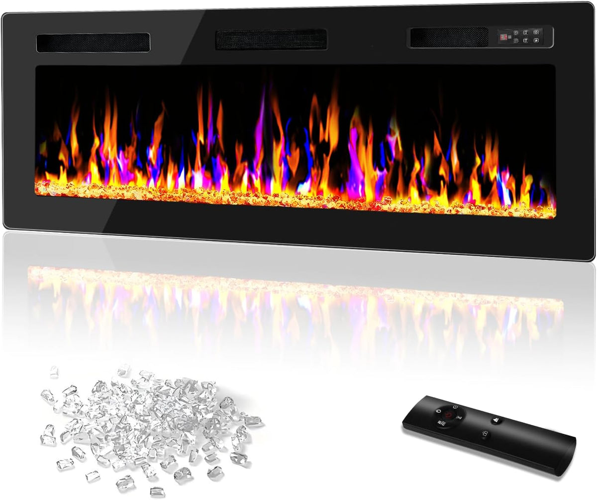 DEMO MODEL 50 Inch Ultra Thin Electric Fireplace-Narrow Bezel Linear Fireplace Heater Recessed Wall Mounted, Remote and Screen Control, 8H Sleep Timer, Low Noise, 750/1500W for Living Room, Bedroom