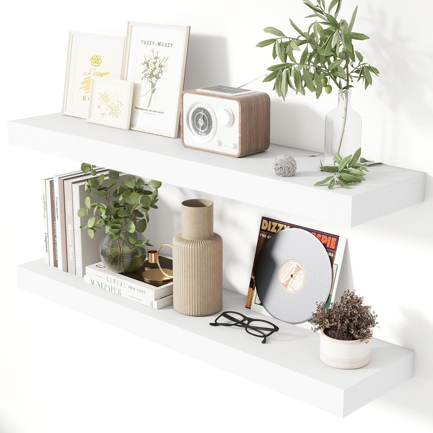 36 Inch Floating Shelves for Wall 8 Inch Deep White Shelves Set of 2,Wall Mounted Rustic Wood Long Floating Shelf with Invisible Brackets for Bedroom Kitchen Living Room