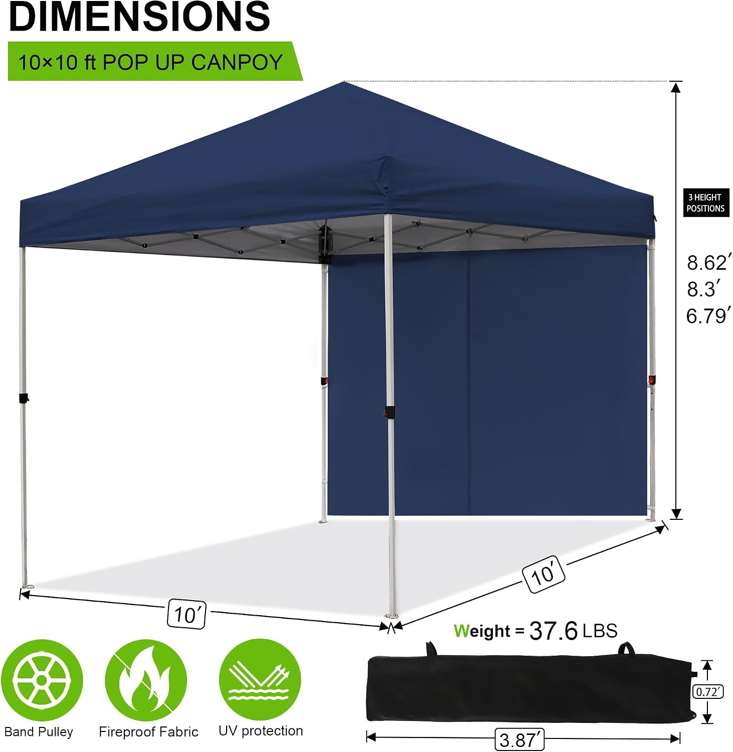 Northroad 10x10 FT Pop Up Canopy, Outdoor Popup Gazebo Shelter w/ 1 Sidewall,Wheeled Carrying Bag,4 Ropes,8 Stakes for Patio,Deck,Garden,Beach（Dark Blue）