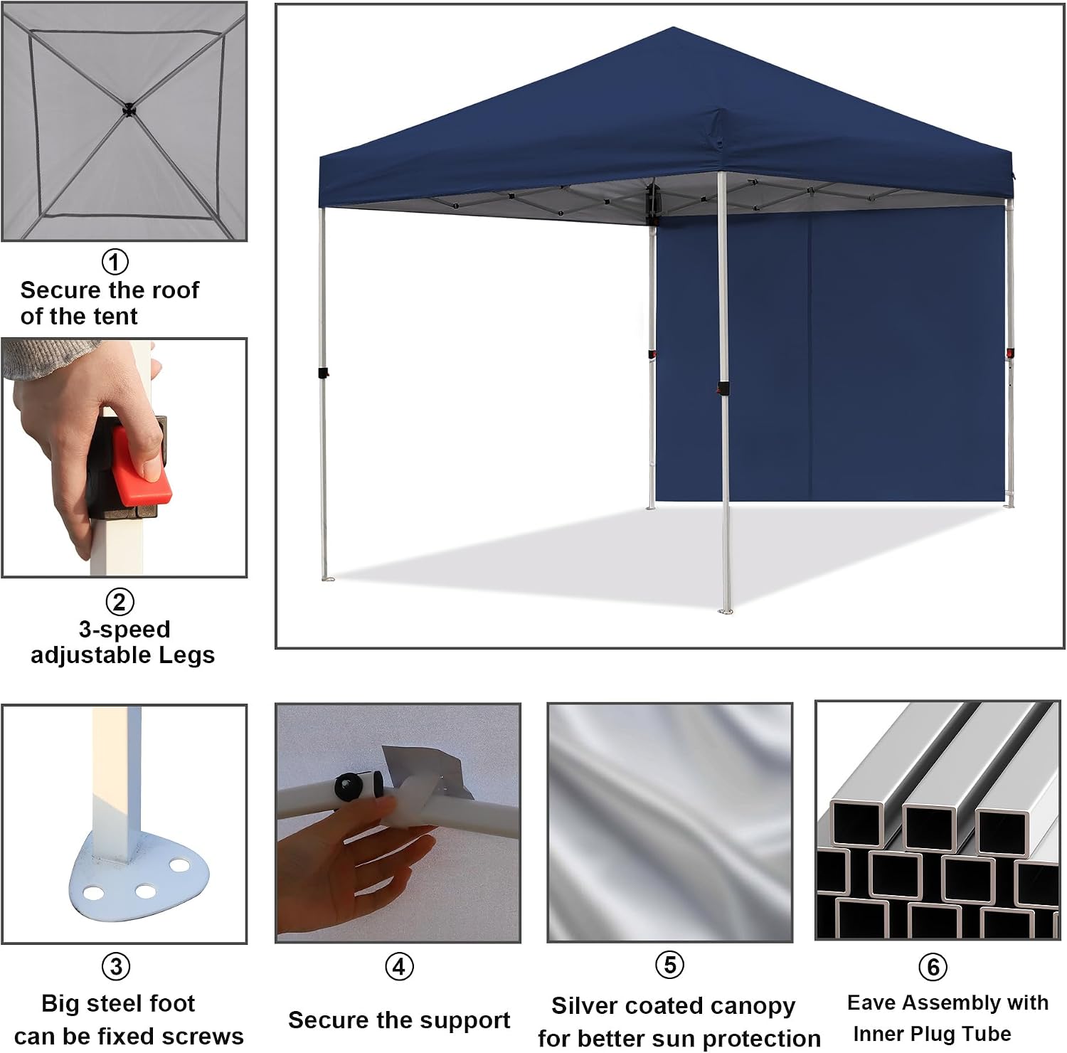 Northroad 10x10 FT Pop Up Canopy, Outdoor Popup Gazebo Shelter w/ 1 Sidewall,Wheeled Carrying Bag,4 Ropes,8 Stakes for Patio,Deck,Garden,Beach（Dark Blue）
