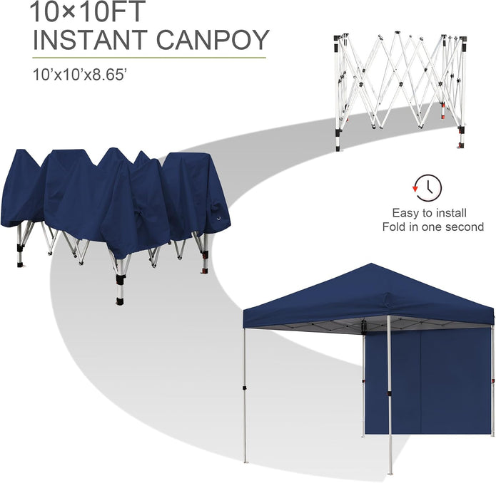 Northroad 10x10 FT Pop Up Canopy, Outdoor Popup Gazebo Shelter w/ 1 Sidewall,Wheeled Carrying Bag,4 Ropes,8 Stakes for Patio,Deck,Garden,Beach（Dark Blue）