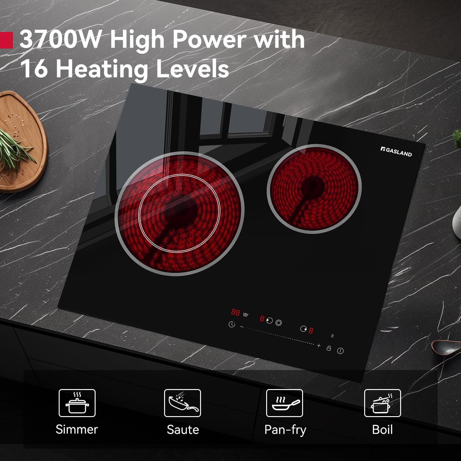 GASLAND 21 Inch Electric Cooktop 2 Burner, Built-in, 220V | ETL Certified, 16 Power Levels, Slide Touch Control, Timer