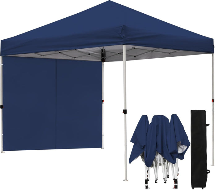 Northroad 10x10 FT Pop Up Canopy, Outdoor Popup Gazebo Shelter w/ 1 Sidewall,Wheeled Carrying Bag,4 Ropes,8 Stakes for Patio,Deck,Garden,Beach（Dark Blue）