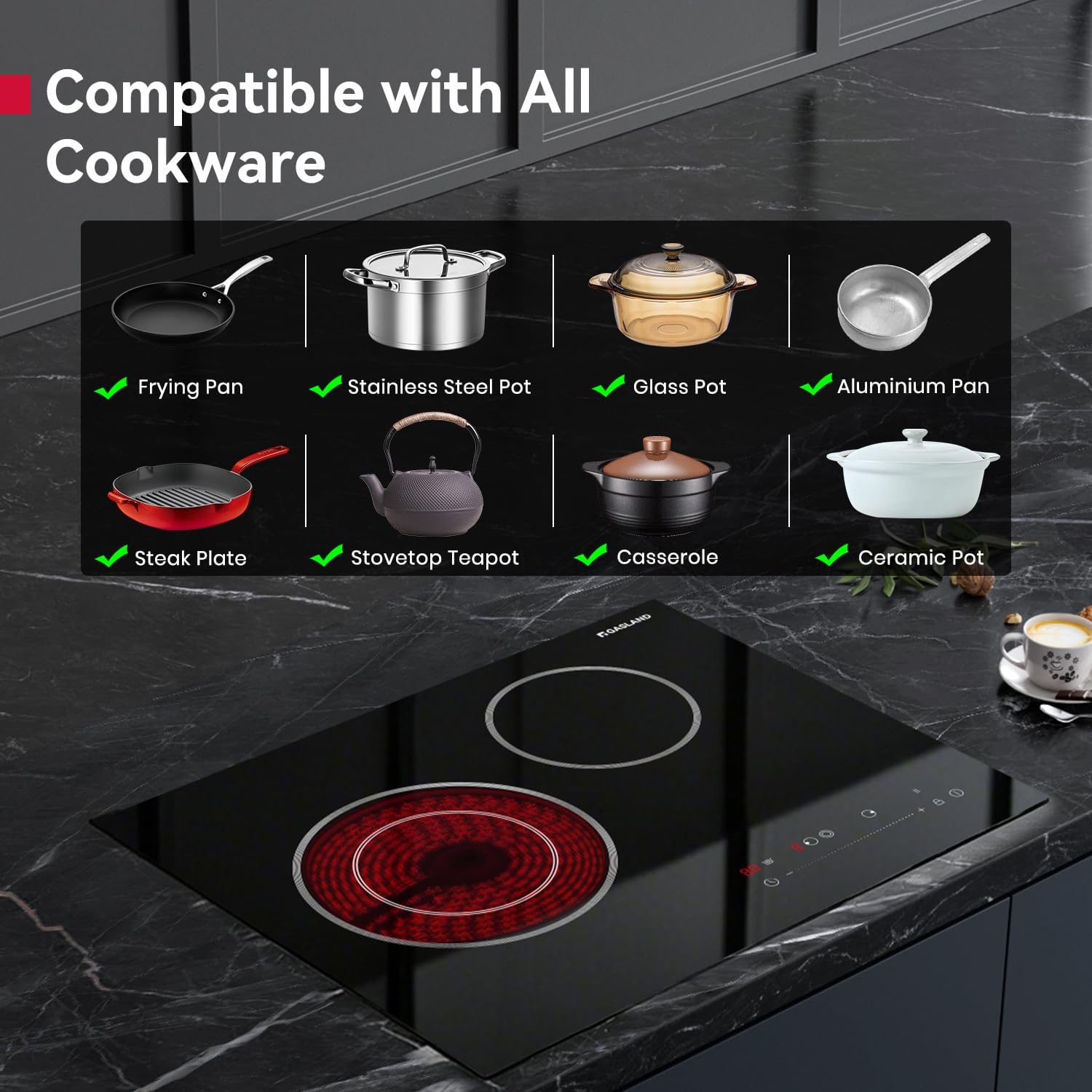 GASLAND 21 Inch Electric Cooktop 2 Burner, Built-in, 220V | ETL Certified, 16 Power Levels, Slide Touch Control, Timer