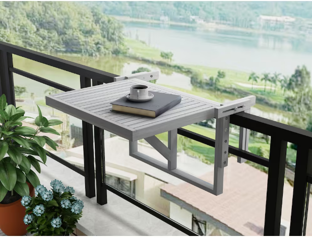 28 inch x 24 inch Acacia Balcony Railing Table / Dusk Grey Hardwax Wood Oil Stain Finish