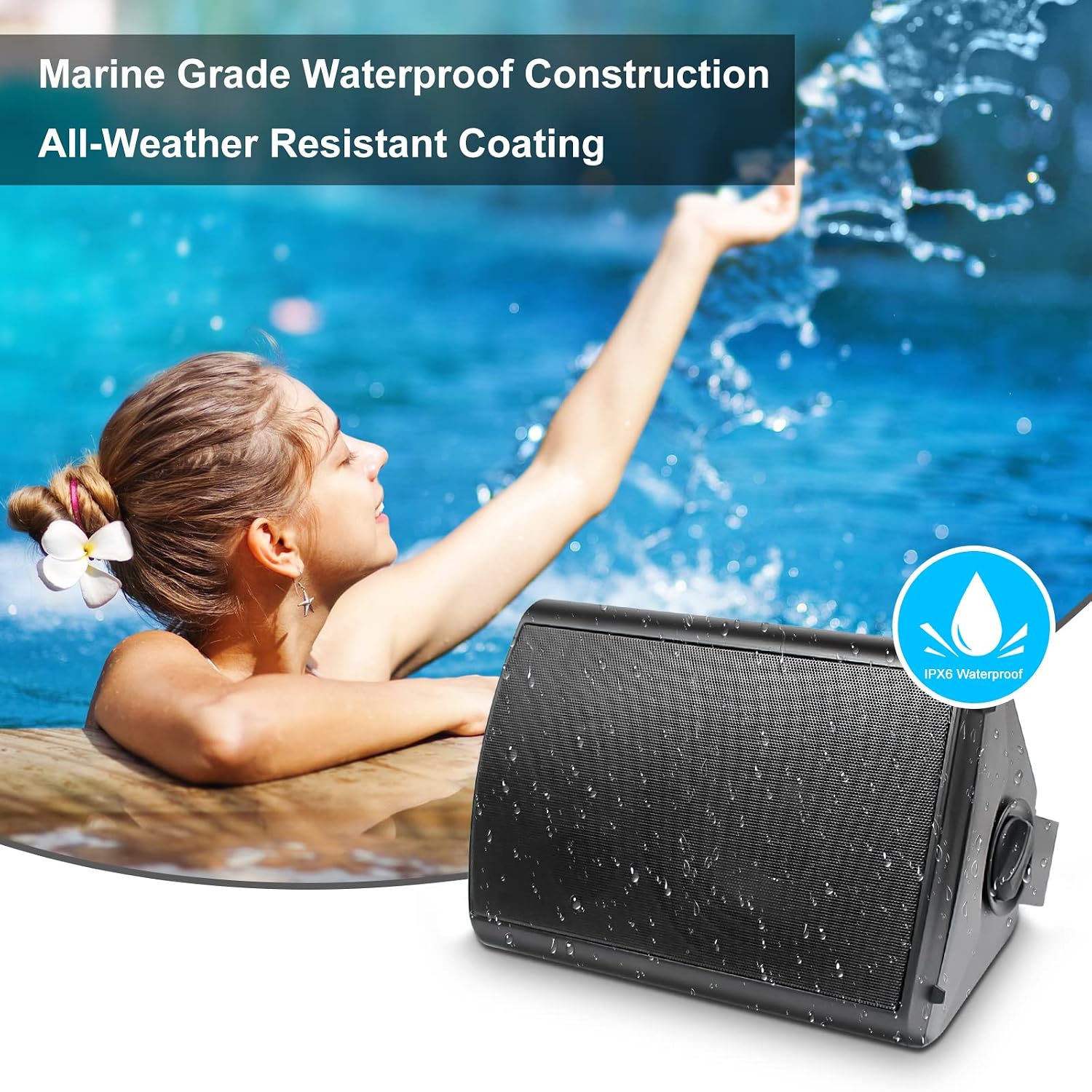 Herdio 6.5 inch 800W Outdoor Bluetooth Speakers Waterproof Wall Mounted Sound System with Multifunctional Amplifier, Powerful Bass & Stereo Sound, Easy to Install, for Patio Deck Porch (2 Pairs Black)