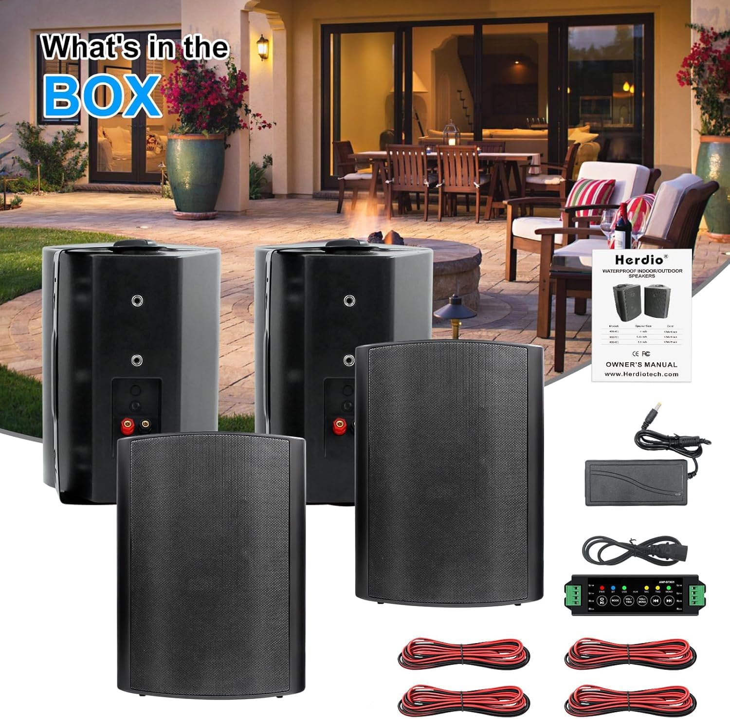 Herdio 6.5 inch 800W Outdoor Bluetooth Speakers Waterproof Wall Mounted Sound System with Multifunctional Amplifier, Powerful Bass & Stereo Sound, Easy to Install, for Patio Deck Porch (2 Pairs Black)