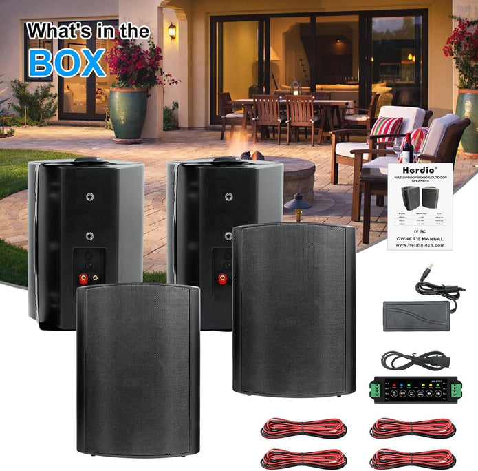 Herdio 6.5 inch 800W Outdoor Bluetooth Speakers Waterproof Wall Mounted Sound System with Multifunctional Amplifier, Powerful Bass & Stereo Sound, Easy to Install, for Patio Deck Porch (2 Pairs Black)