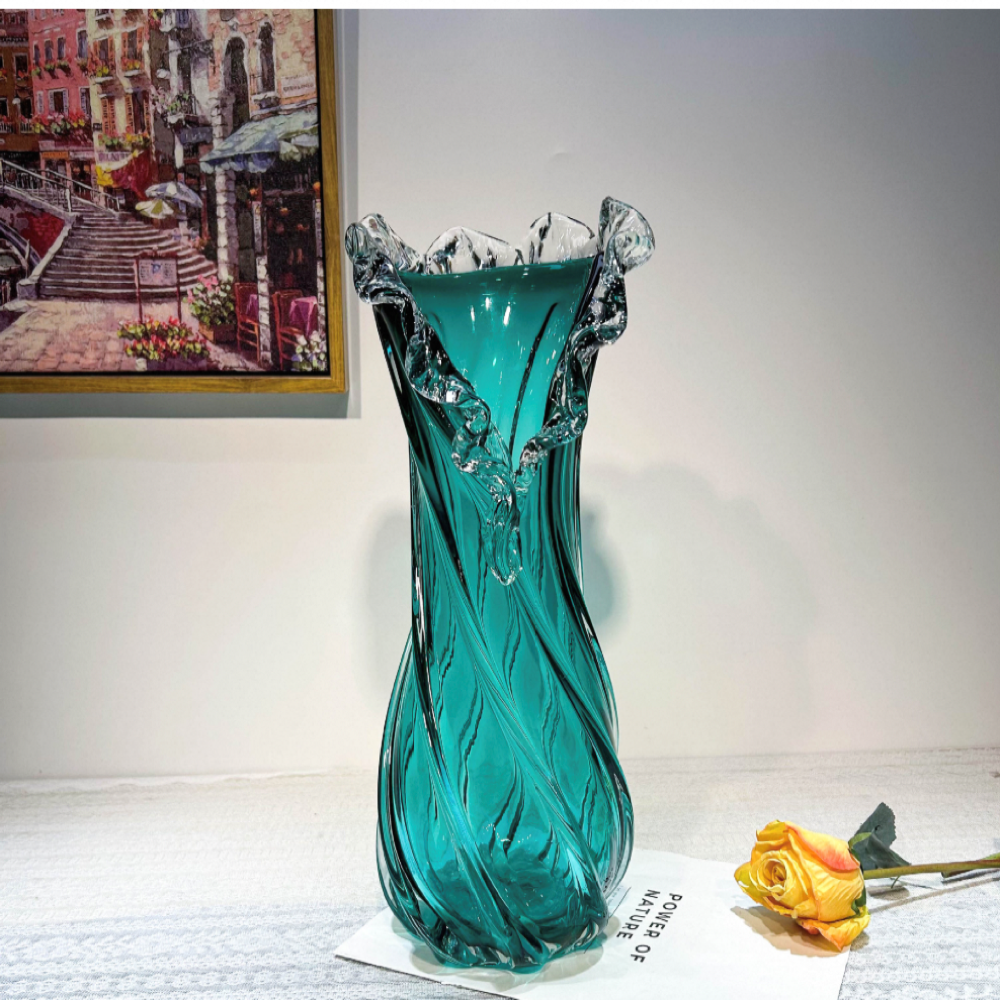 Modern Blue  Glass Vase, Wavy Lace, Home Living Room Desktop Decoration