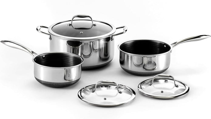 NEW/OPEN BOX/ HexClad 6pc Hybrid Nonstick Pot Set with Lids, 2, 3 & 8 Qt Pots