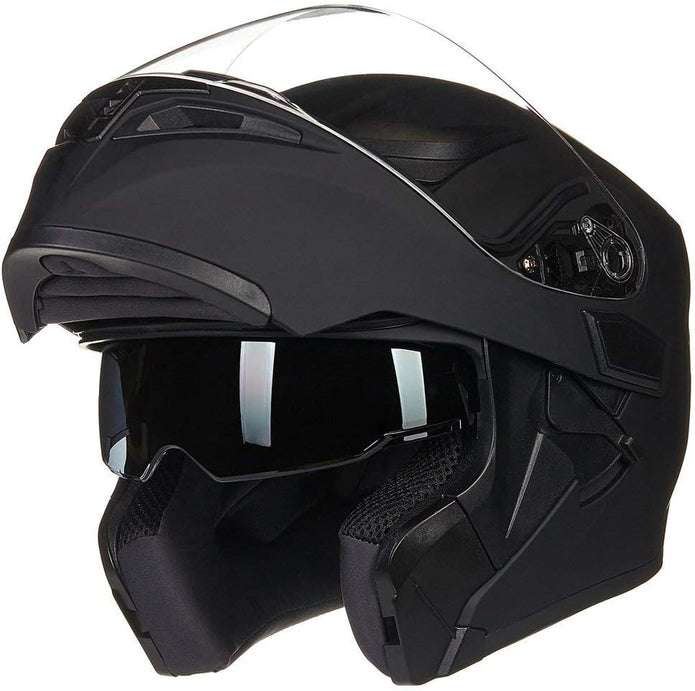 ILM Motorcycle Dual Visor Flip up Modular Full Face Helmet DOT LED Light Model 902L (M, Matte Black - LED)