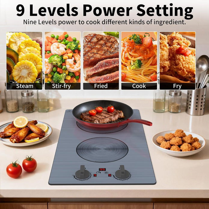 GlHETKUT Induction Cooktop,110V 2300W double burner hot plate with LED Touch Screen,9 Power Levels,Kids Lock & Timer,knob and touch control 2 burner induction cooktop