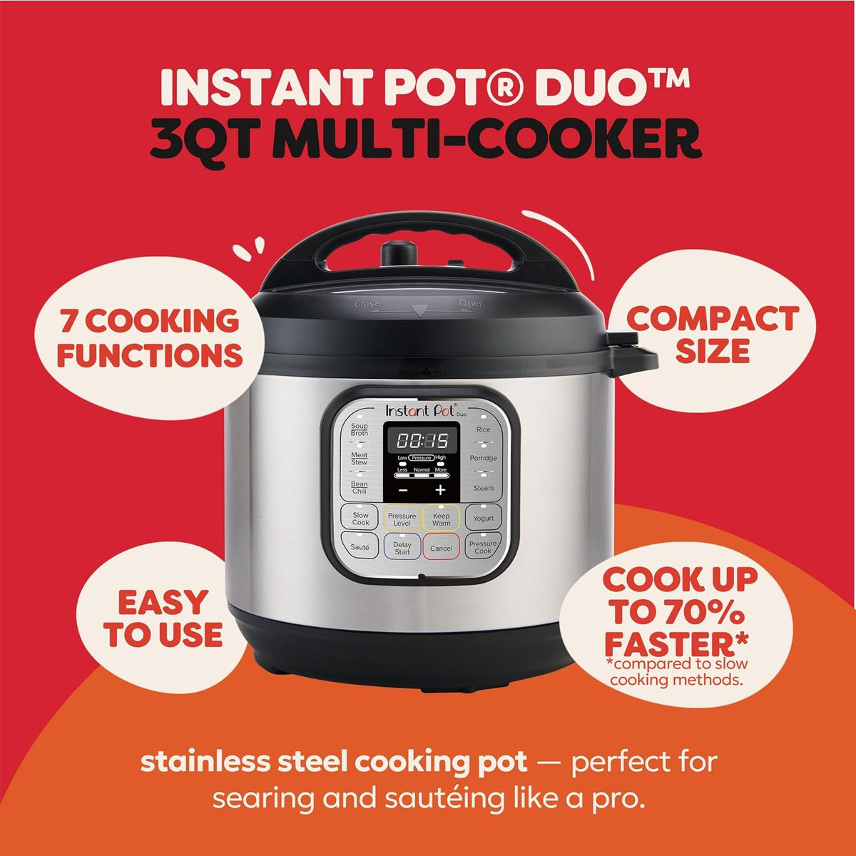 Instant Pot Duo 7-in-1 Electric Pressure Cooker, Slow Cooker, Rice Cooker, Steamer, Saute, Yogurt Maker, Warmer & Sterilizer, Includes Free App with over 1900 Recipes, Stainless Steel, 3 Quart