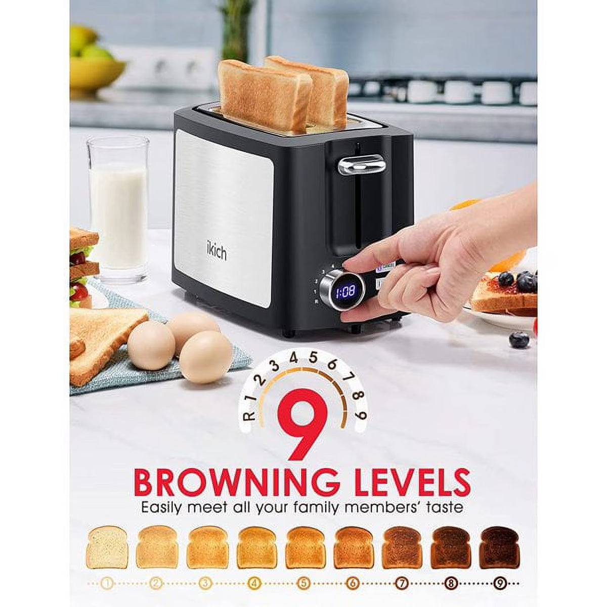 IKICH Toaster 2 Slice, LCD Screen Stainless Steel