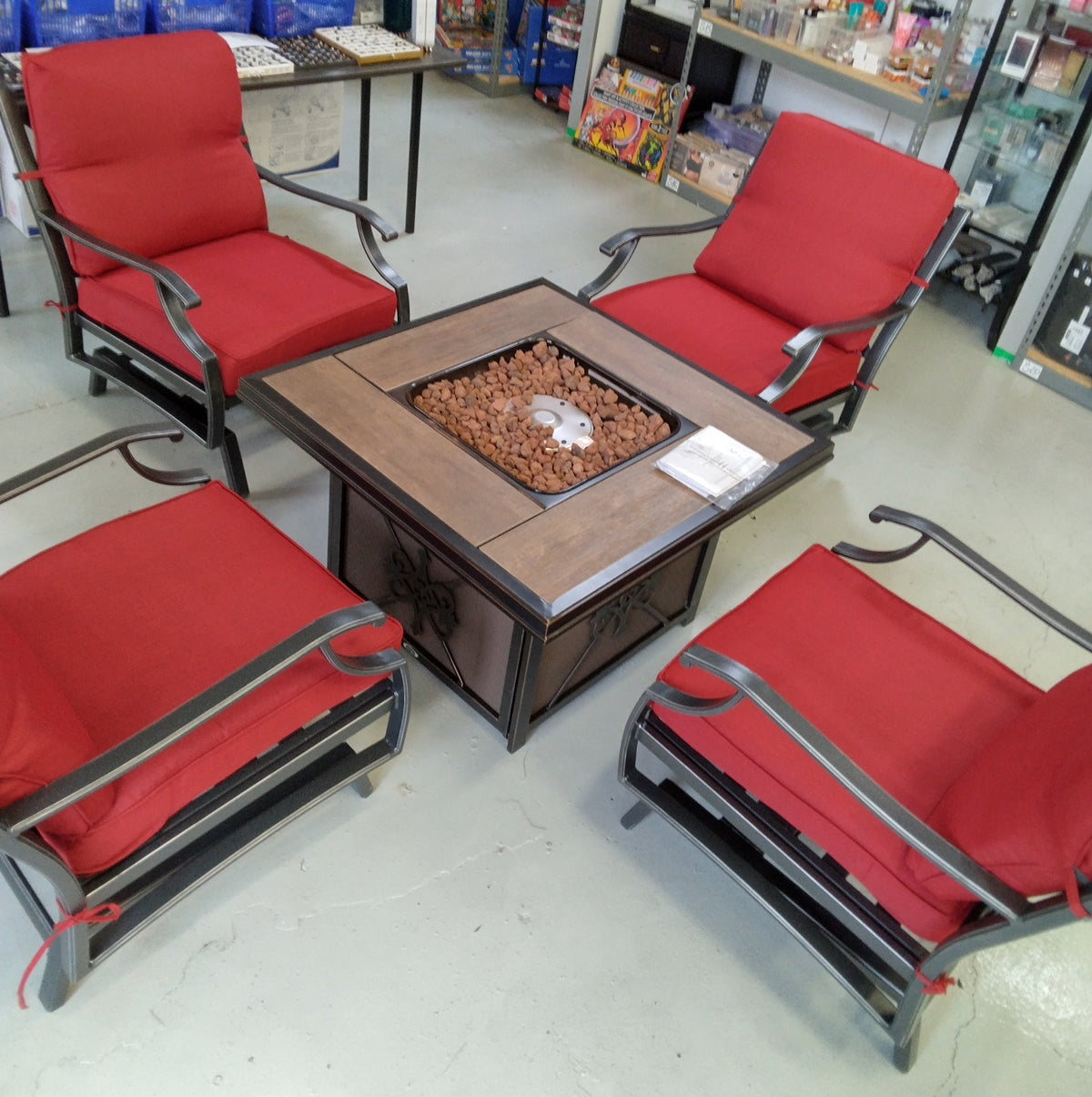 St. Charles 5-Piece Metal Outdoor Patio Fire Pit / Table Seating Set Performance Acrylic Mist Cushions