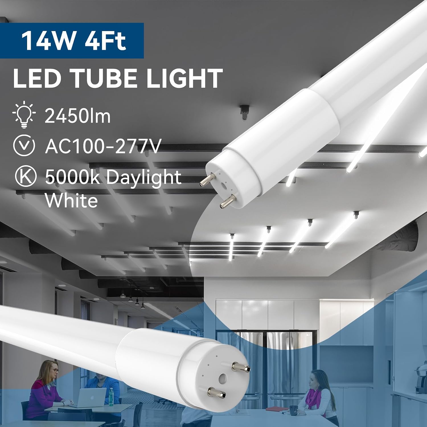 JESLED T8 LED Tube Lights 4FT, 14W 2450LM, Type A+B, 5000K Daylight White | Single or Double End Powered, Plug and Play or Ballast Bypass