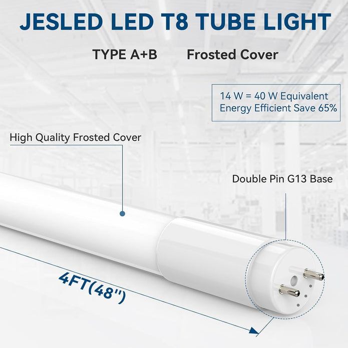 JESLED T8 LED Tube Lights 4FT, 14W 2450LM, Type A+B, 5000K Daylight White | Single or Double End Powered, Plug and Play or Ballast Bypass