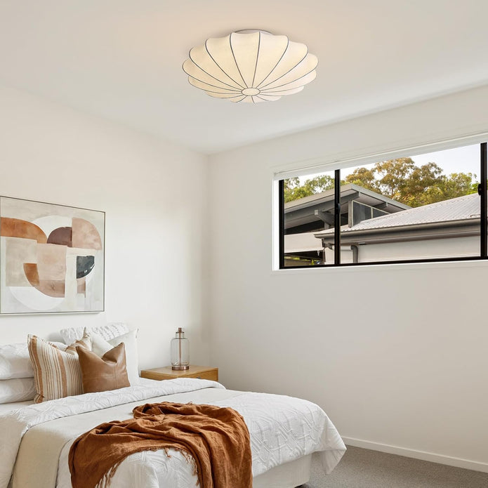 Japanese Silk Flush Mount Ceiling Light Mid Century Fabric Hanging Lantern Ceiling Light Modern White Overhead Light for Entrance Living Room Bedroom