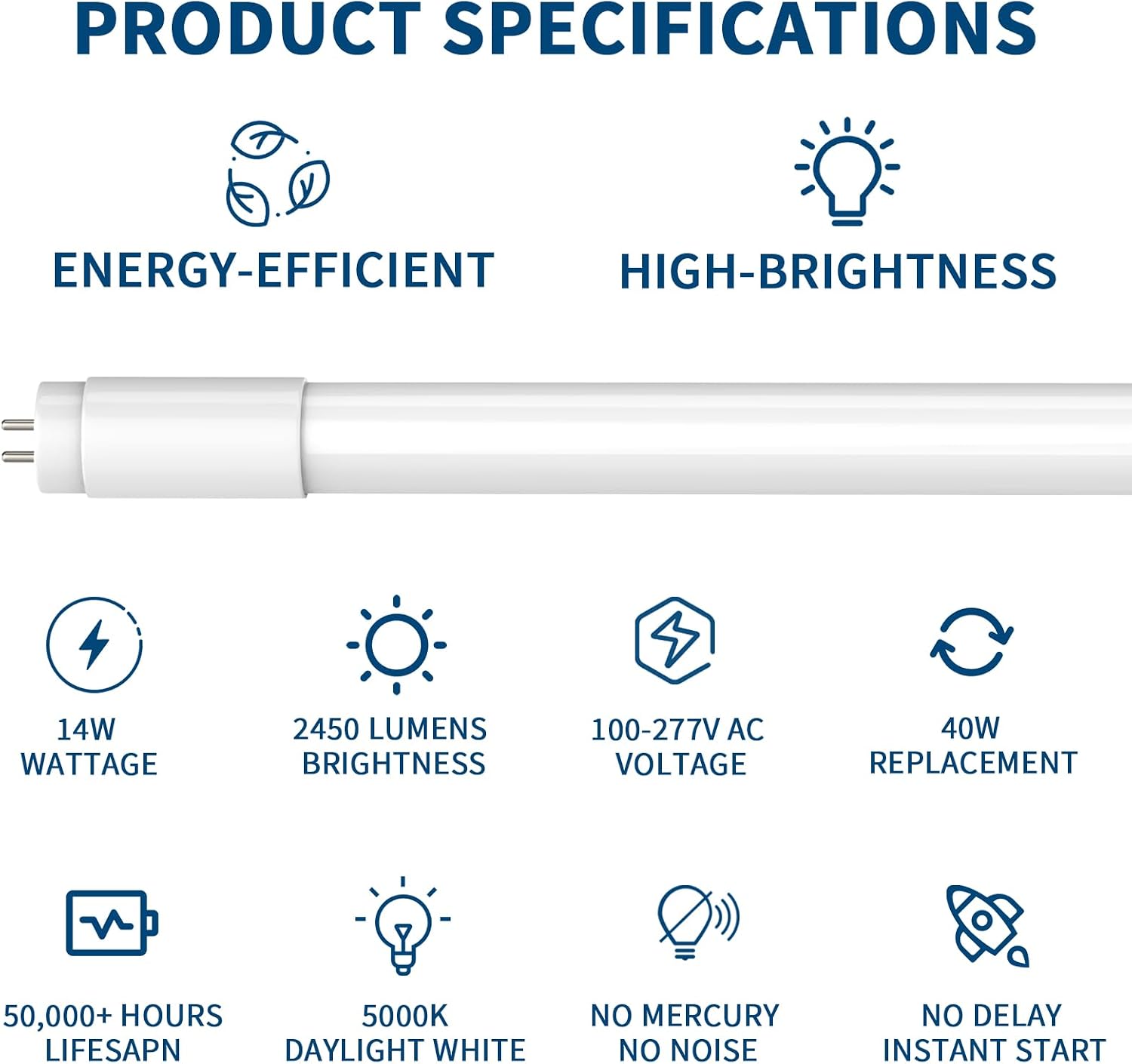 JESLED T8 LED Tube Lights 4FT, 14W 2450LM, Type A+B, 5000K Daylight White | Single or Double End Powered, Plug and Play or Ballast Bypass