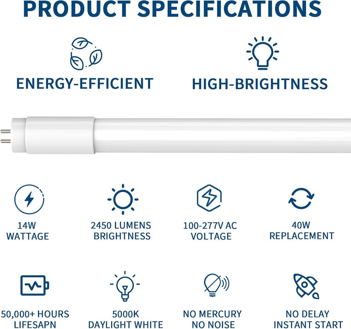JESLED T8 LED Tube Lights 4FT, 14W 2450LM, Type A+B, 5000K Daylight White | Single or Double End Powered, Plug and Play or Ballast Bypass