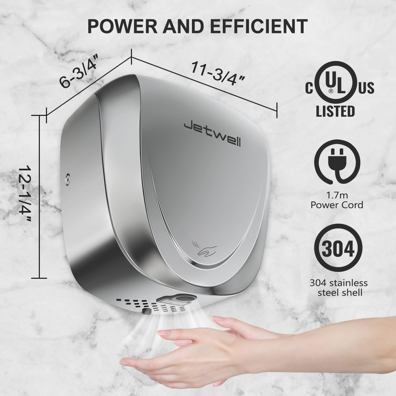 JETWELL UL Approved Commercial Hand Dryer for Bathroom, High Speed Jet Air Hand Dryer with HEPA Filter for Home, Heavy Duty Polished Stainless Steel Auto Warm Wind Hand Blower