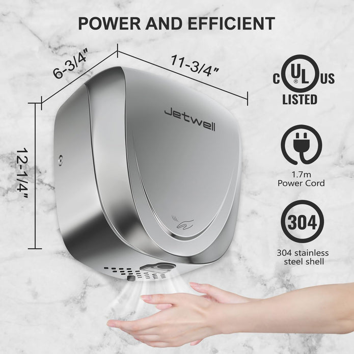 JETWELL UL Approved Commercial Hand Dryer for Bathroom, High Speed Jet Air Hand Dryer with HEPA Filter for Home, Heavy Duty Polished Stainless Steel Auto Warm Wind Hand Blower