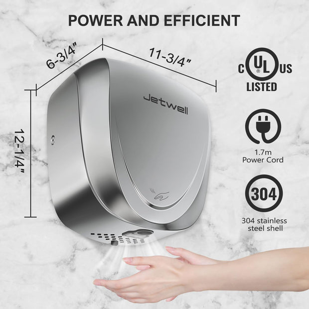 JETWELL UL Approved Commercial Hand Dryer for Bathroom, High Speed Jet Air Hand Dryer with HEPA Filter for Home, Heavy Duty Polished Stainless Steel Auto Warm Wind Hand Blower