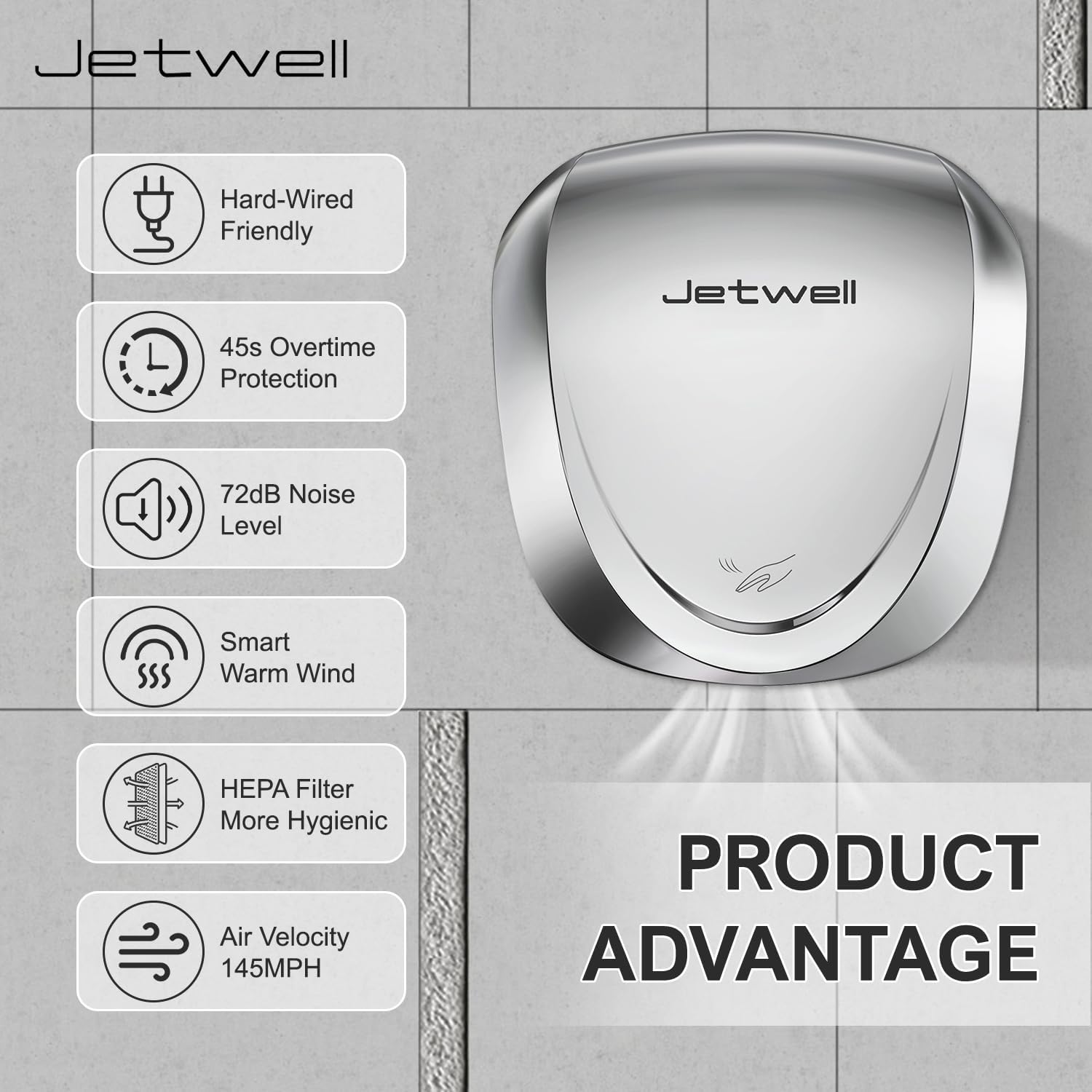 JETWELL UL Approved Commercial Hand Dryer for Bathroom, High Speed Jet Air Hand Dryer with HEPA Filter for Home, Heavy Duty Polished Stainless Steel Auto Warm Wind Hand Blower