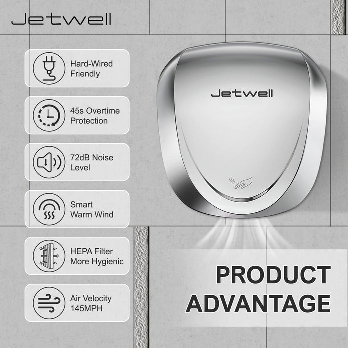 JETWELL UL Approved Commercial Hand Dryer for Bathroom, High Speed Jet Air Hand Dryer with HEPA Filter for Home, Heavy Duty Polished Stainless Steel Auto Warm Wind Hand Blower