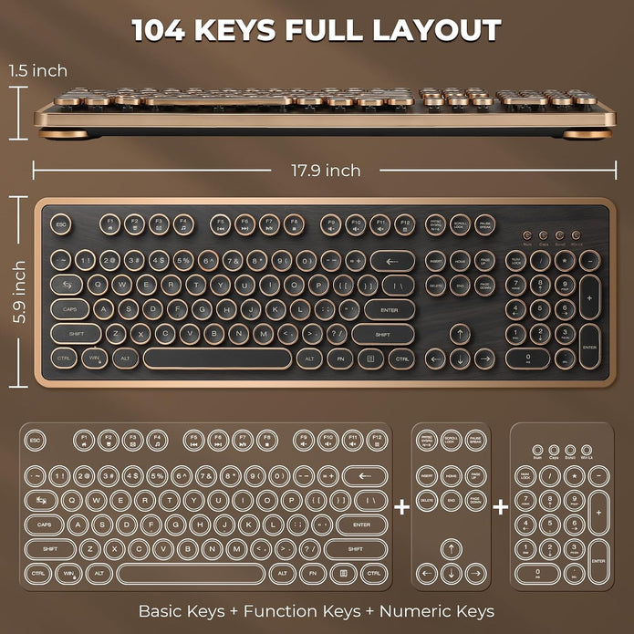 RK104 Typewriter Keyboard, Retro Mechanical, Wooden Grain Wired Full-Size Keyboard with Round Keycaps, N-Key Rollover, Green Linear Switches