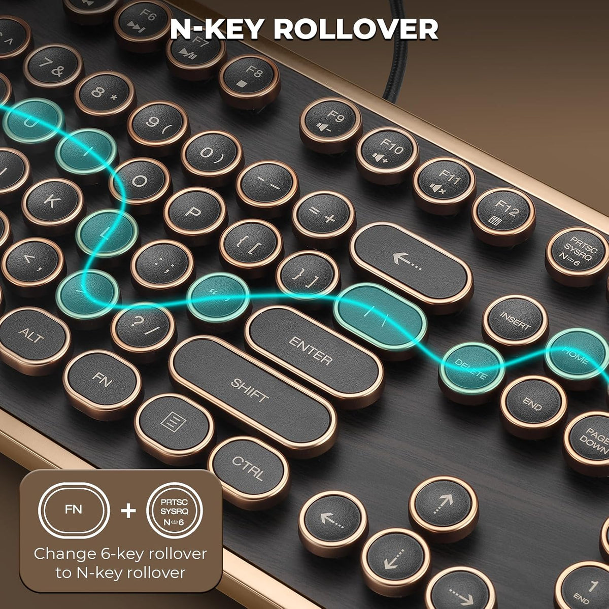 RK104 Typewriter Keyboard, Retro Mechanical, Wooden Grain Wired Full-Size Keyboard with Round Keycaps, N-Key Rollover, Green Linear Switches