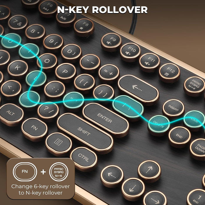 RK104 Typewriter Keyboard, Retro Mechanical, Wooden Grain Wired Full-Size Keyboard with Round Keycaps, N-Key Rollover, Green Linear Switches