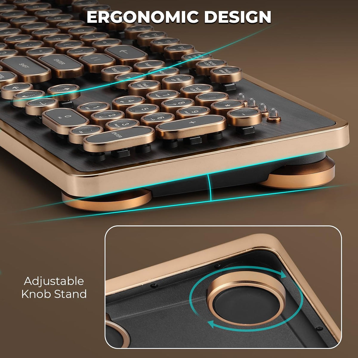 RK104 Typewriter Keyboard, Retro Mechanical, Wooden Grain Wired Full-Size Keyboard with Round Keycaps, N-Key Rollover, Green Linear Switches