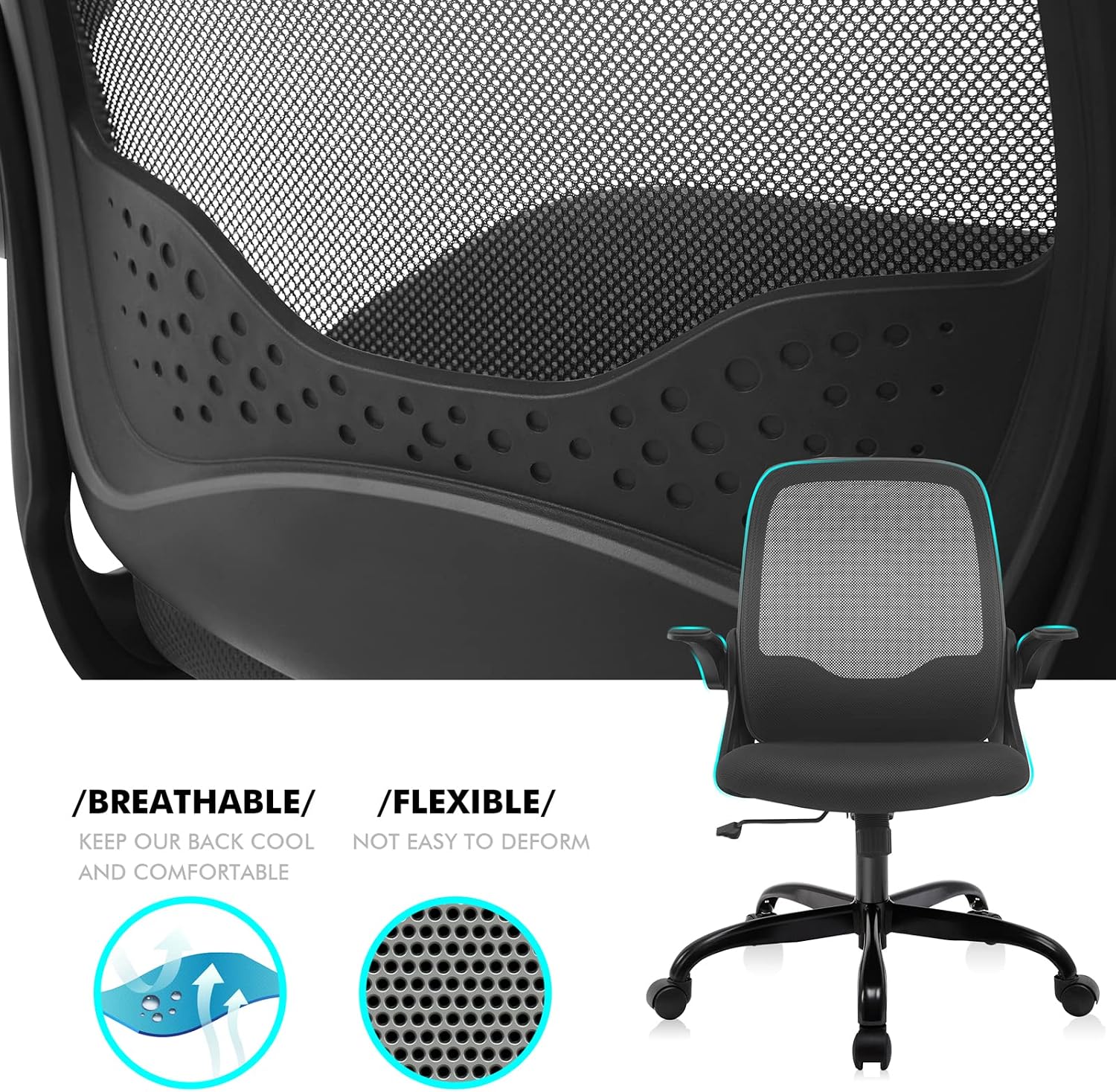 KERDOM Office Chair, Ergonomic Desk Chair, Breathable Mesh Computer Chair, Comfy Swivel Task Chair with Flip-up Armrests and Adjustable Height (KD933-C