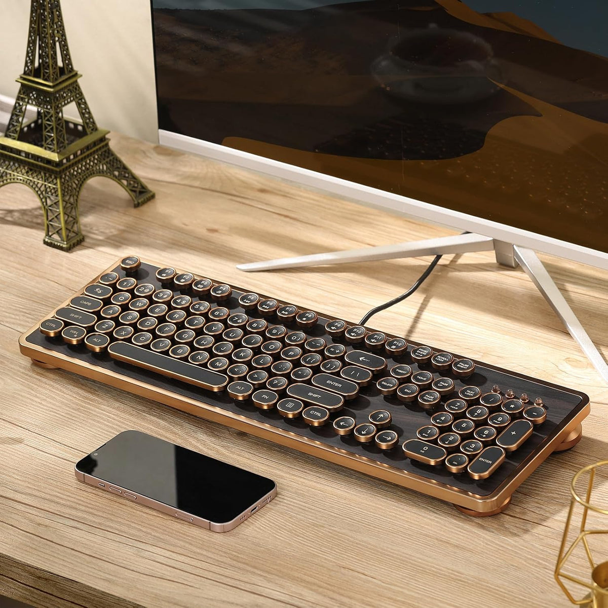 RK104 Typewriter Keyboard, Retro Mechanical, Wooden Grain Wired Full-Size Keyboard with Round Keycaps, N-Key Rollover, Green Linear Switches