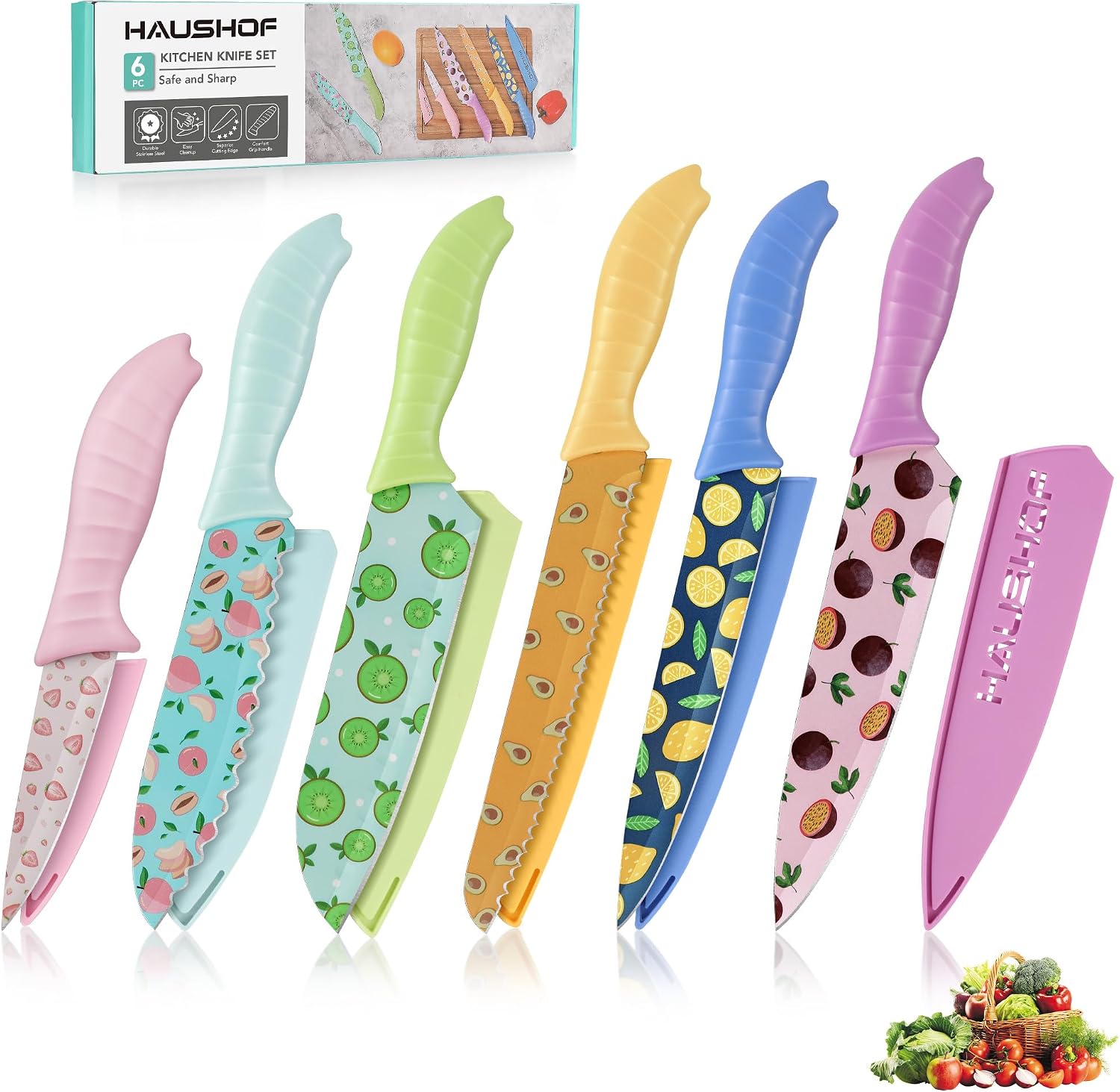 HAUSHOF 12-Piece Printed Color Kitchen Knife Set, Nonstick Plating Coating Kitchen Knife, Stainless Steel Knife Set for Home and Restaurant, Cutting Fruits, Salad and Bread(6pc Knives and 6pc Covers)