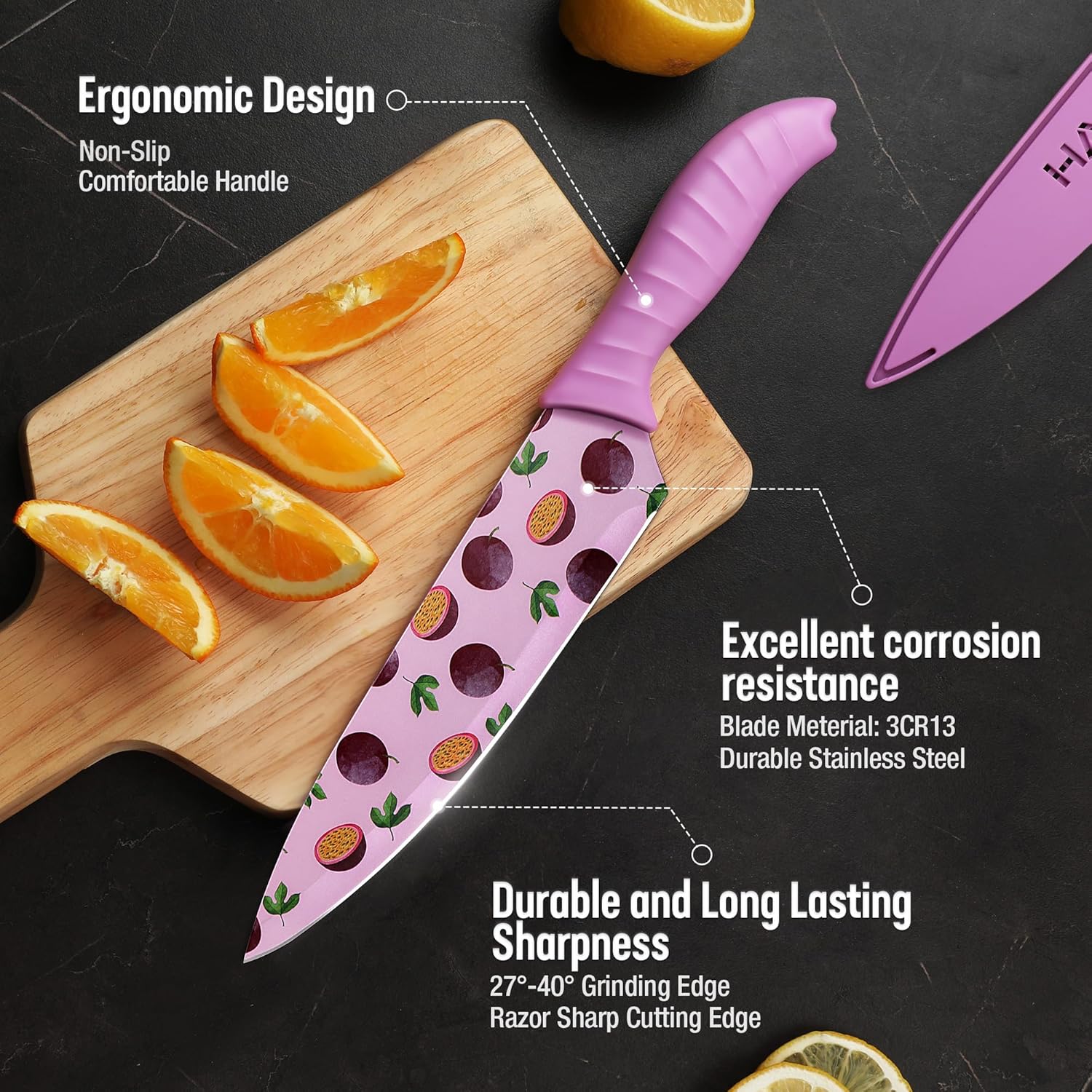 HAUSHOF 12-Piece Printed Color Kitchen Knife Set, Nonstick Plating Coating Kitchen Knife, Stainless Steel Knife Set for Home and Restaurant, Cutting Fruits, Salad and Bread(6pc Knives and 6pc Covers)