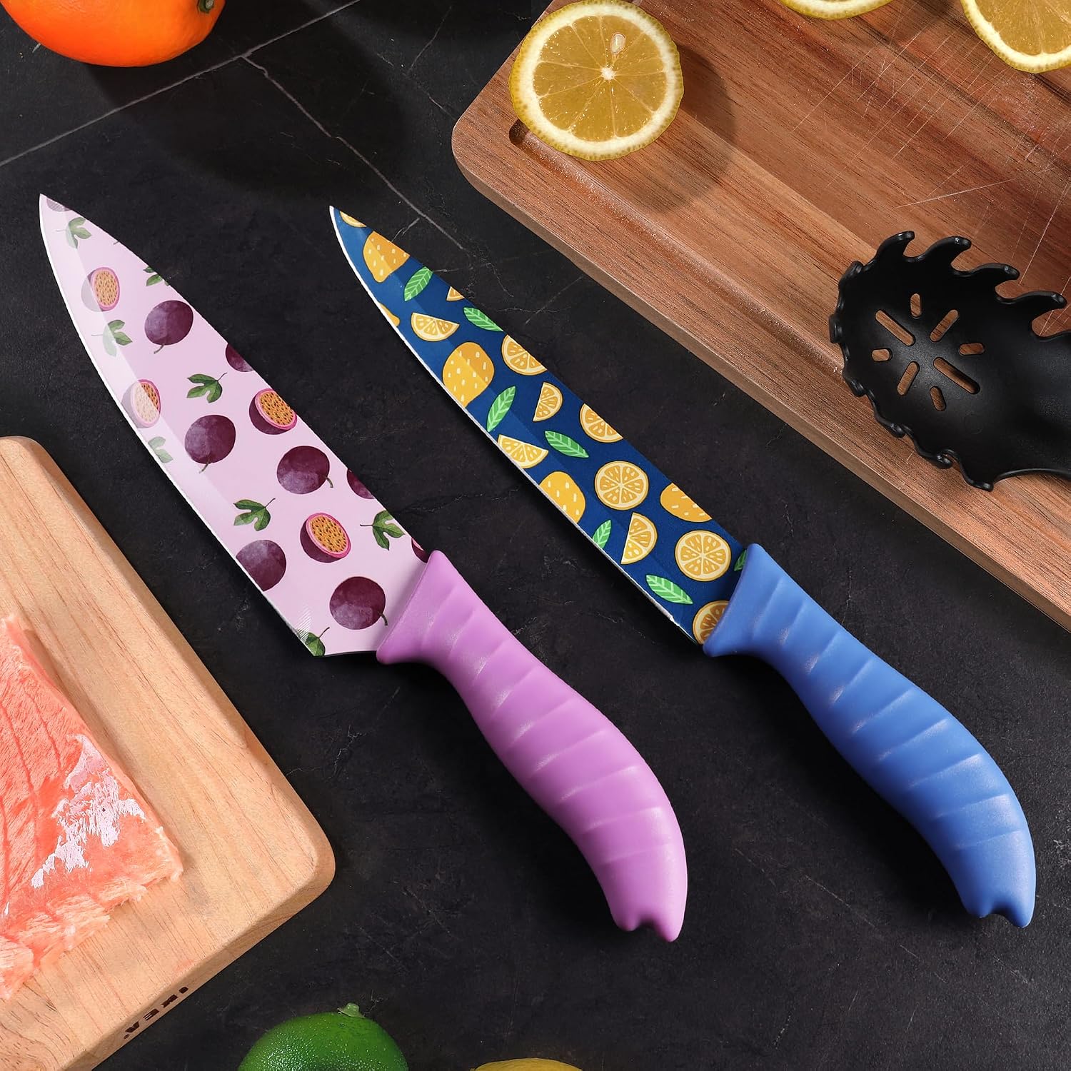 HAUSHOF 12-Piece Printed Color Kitchen Knife Set, Nonstick Plating Coating Kitchen Knife, Stainless Steel Knife Set for Home and Restaurant, Cutting Fruits, Salad and Bread(6pc Knives and 6pc Covers)