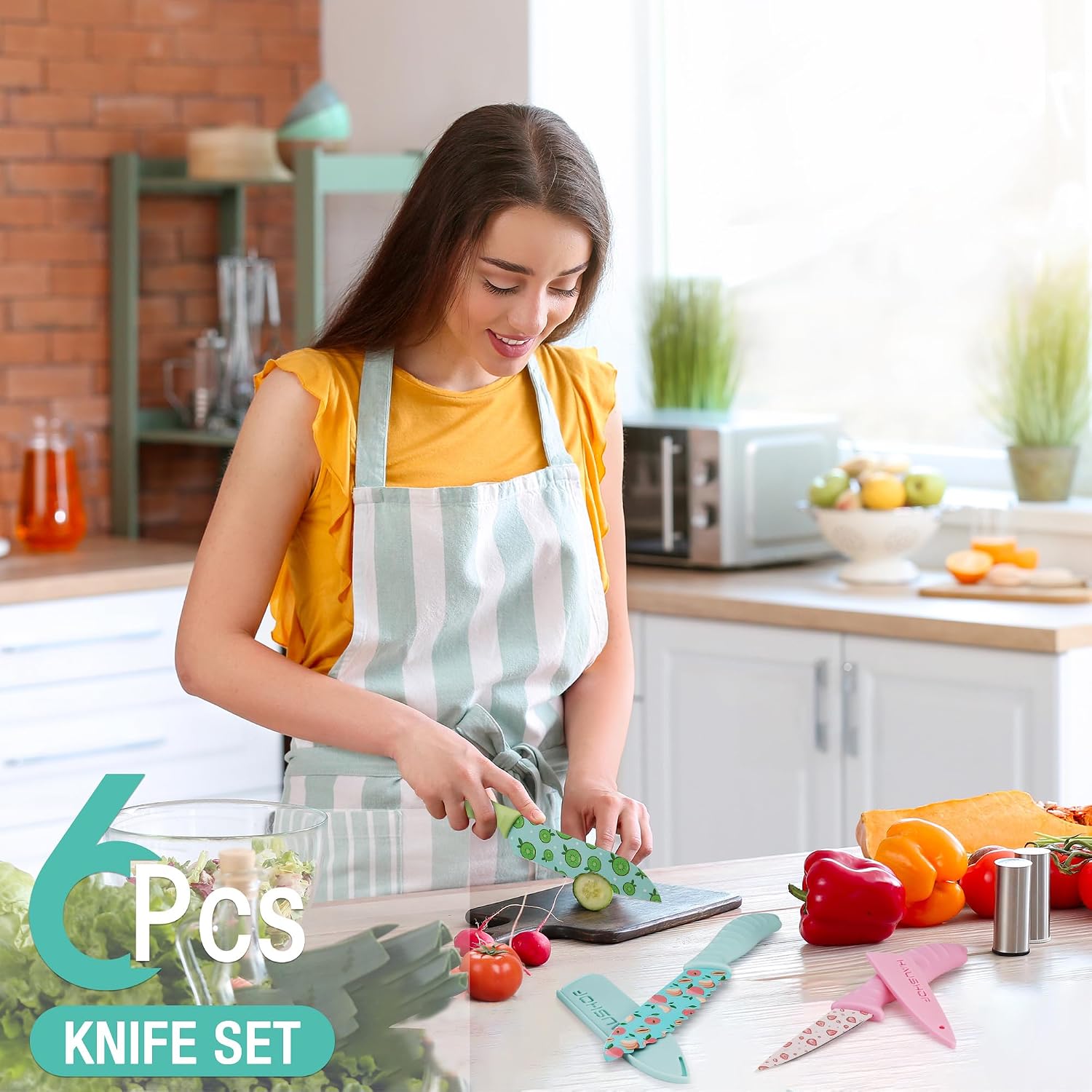HAUSHOF 12-Piece Printed Color Kitchen Knife Set, Nonstick Plating Coating Kitchen Knife, Stainless Steel Knife Set for Home and Restaurant, Cutting Fruits, Salad and Bread(6pc Knives and 6pc Covers)