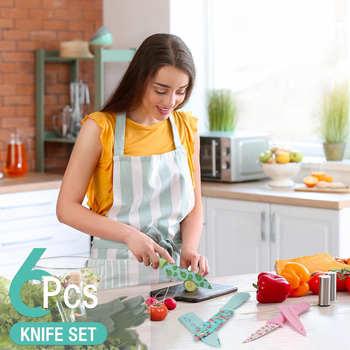 HAUSHOF 12-Piece Printed Color Kitchen Knife Set, Nonstick Plating Coating Kitchen Knife, Stainless Steel Knife Set for Home and Restaurant, Cutting Fruits, Salad and Bread(6pc Knives and 6pc Covers)