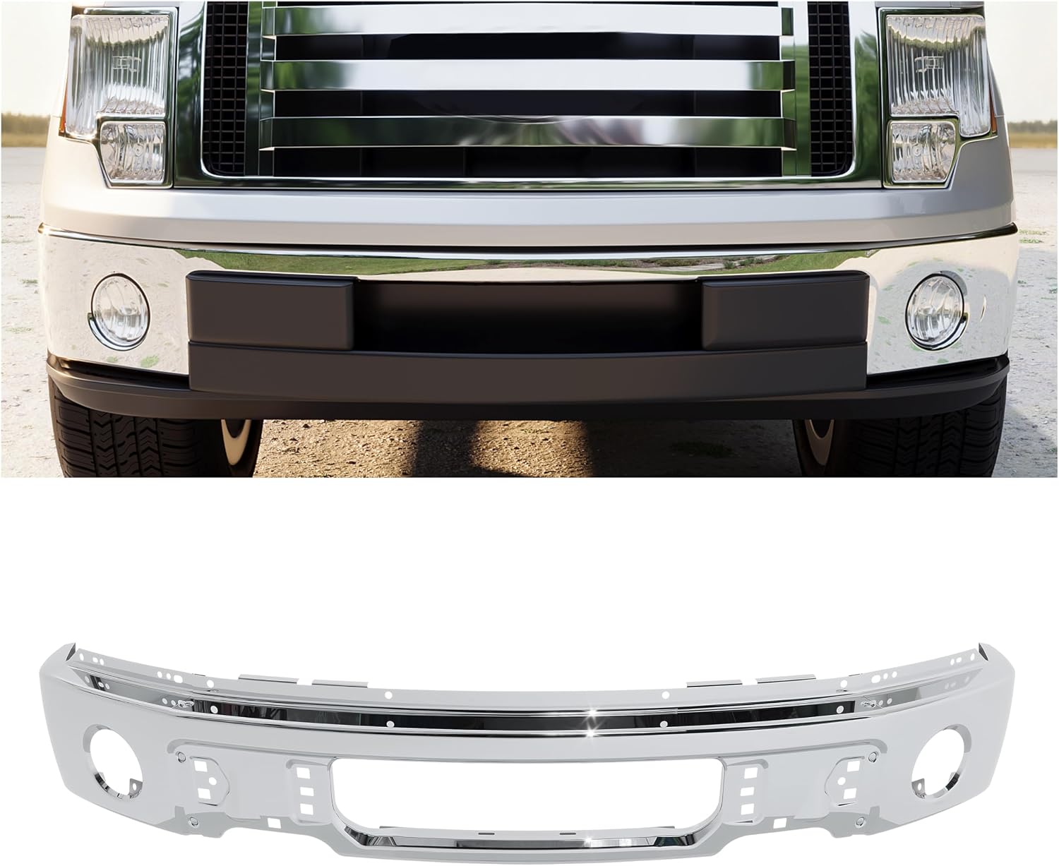 Front Bumper Face Bar Compatible with 2009-2014 Ford F150 F-150 W/O Fog Light Holes Replacement for FO1002411 9L3Z17757B Chrome Steel Silvery 3Pcs