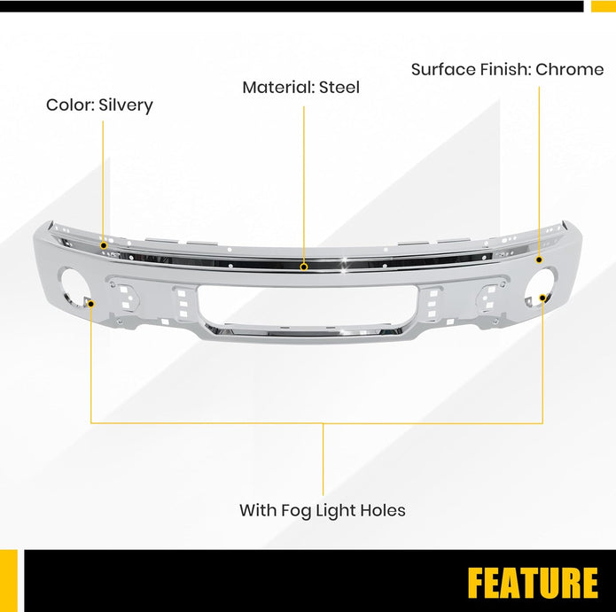 Front Bumper Face Bar Compatible with 2009-2014 Ford F150 F-150 W/O Fog Light Holes Replacement for FO1002411 9L3Z17757B Chrome Steel Silvery 3Pcs