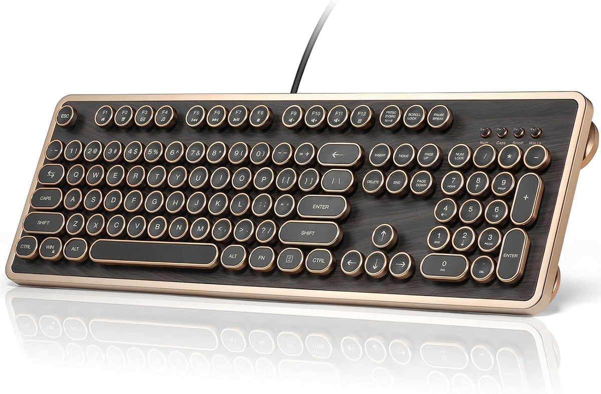 RK104 Typewriter Keyboard, Retro Mechanical, Wooden Grain Wired Full-Size Keyboard with Round Keycaps, N-Key Rollover, Green Linear Switches